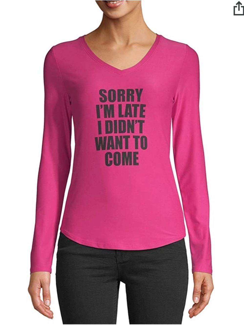 No Boundaries Hot Pink V-Neck Long Sleeve Tee with Bold Text